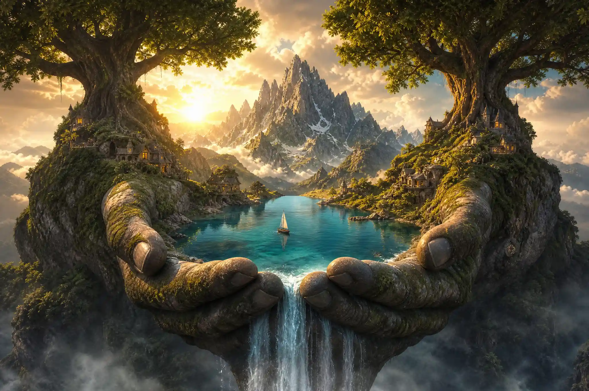 Surreal fantasy landscape cradled in colossal mossy stone hands