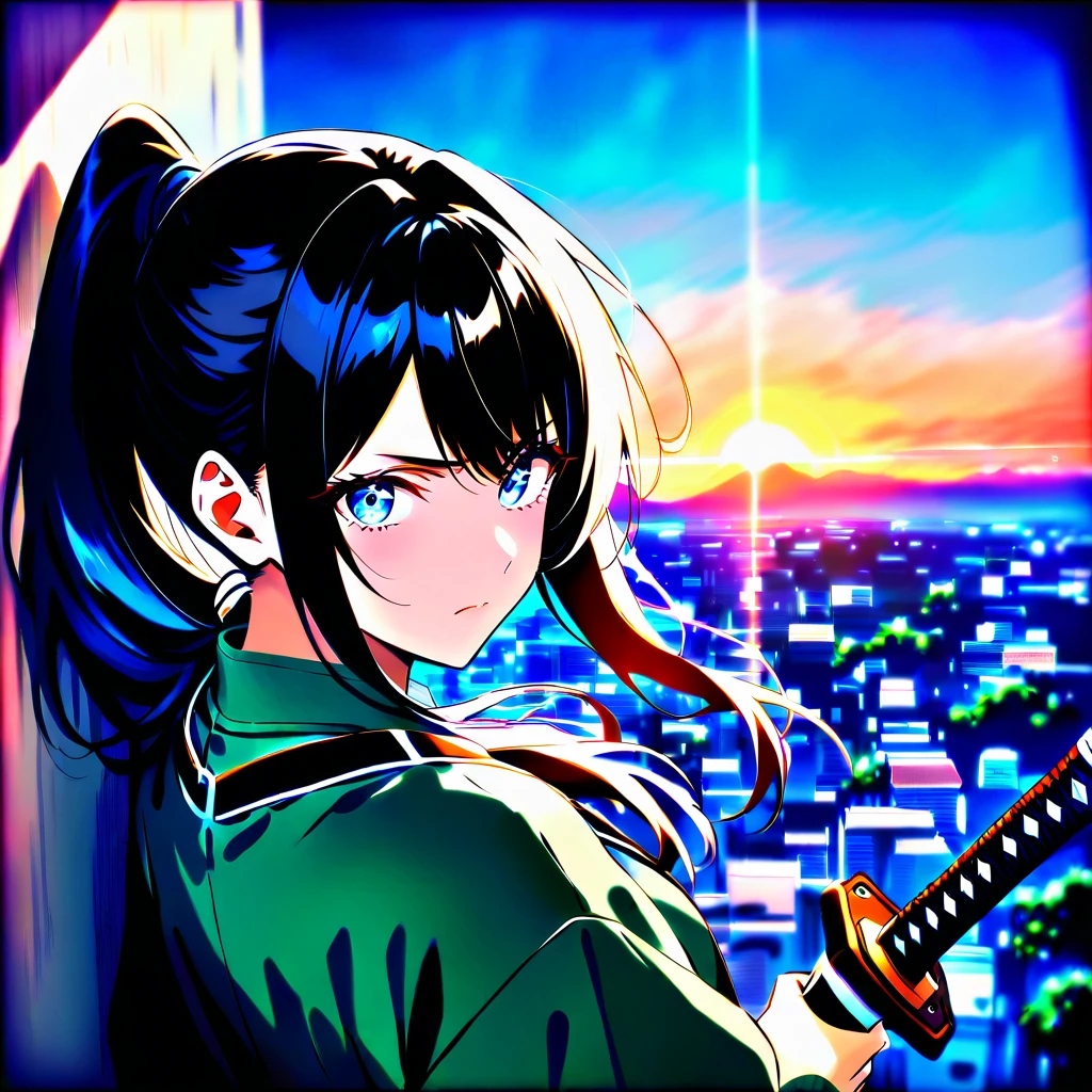 Guerreira de anime com katana ao pôr do sol dramático junto ao muro