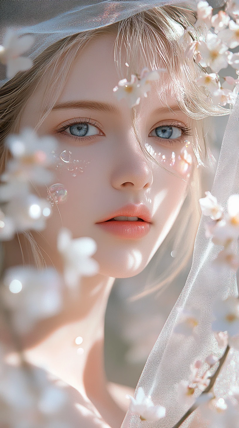 Ethereal anime woman amid blossoms and shimmering fabric