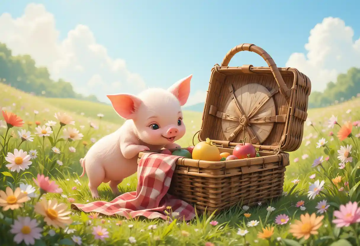 Curious pink piglet with picnic basket in flower meadow