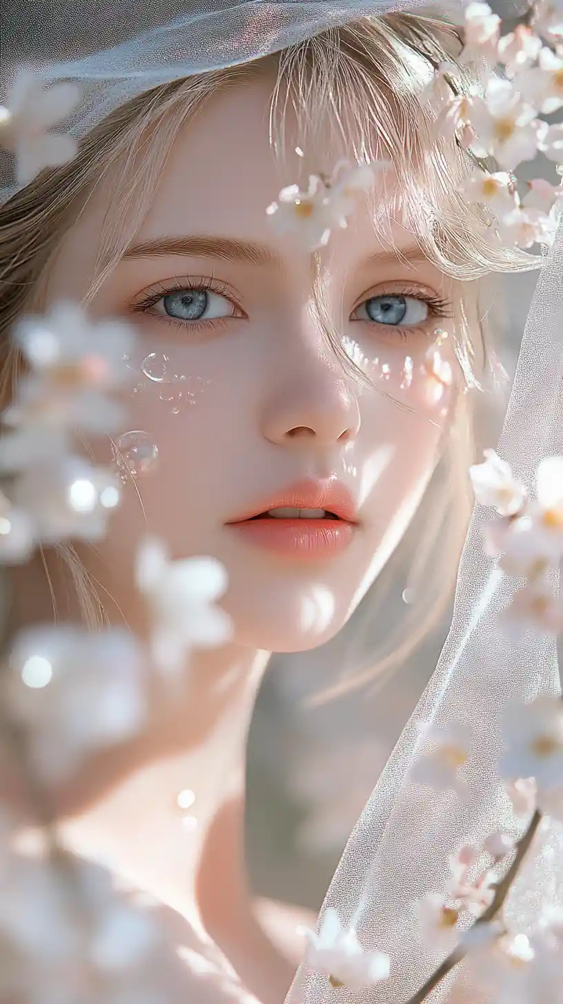 Ethereal anime woman amid blossoms and shimmering fabric