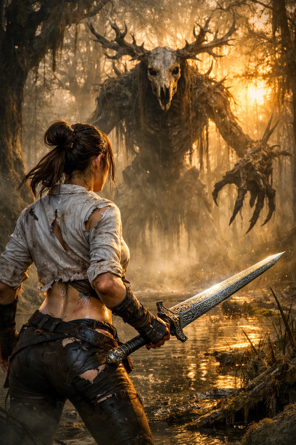 Warrior woman confronts antlered creature in misty forest