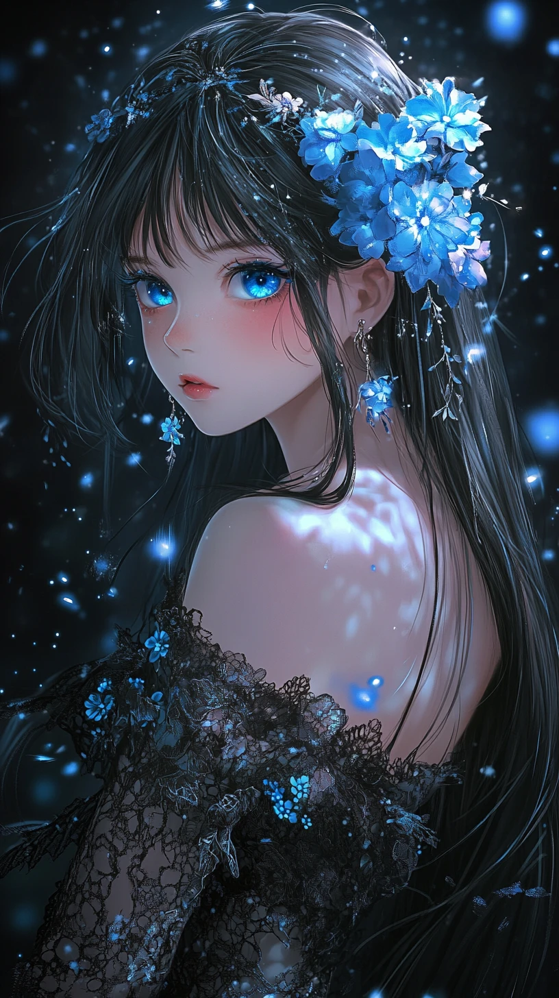 Blue eyed anime girl in glowing floral darkness