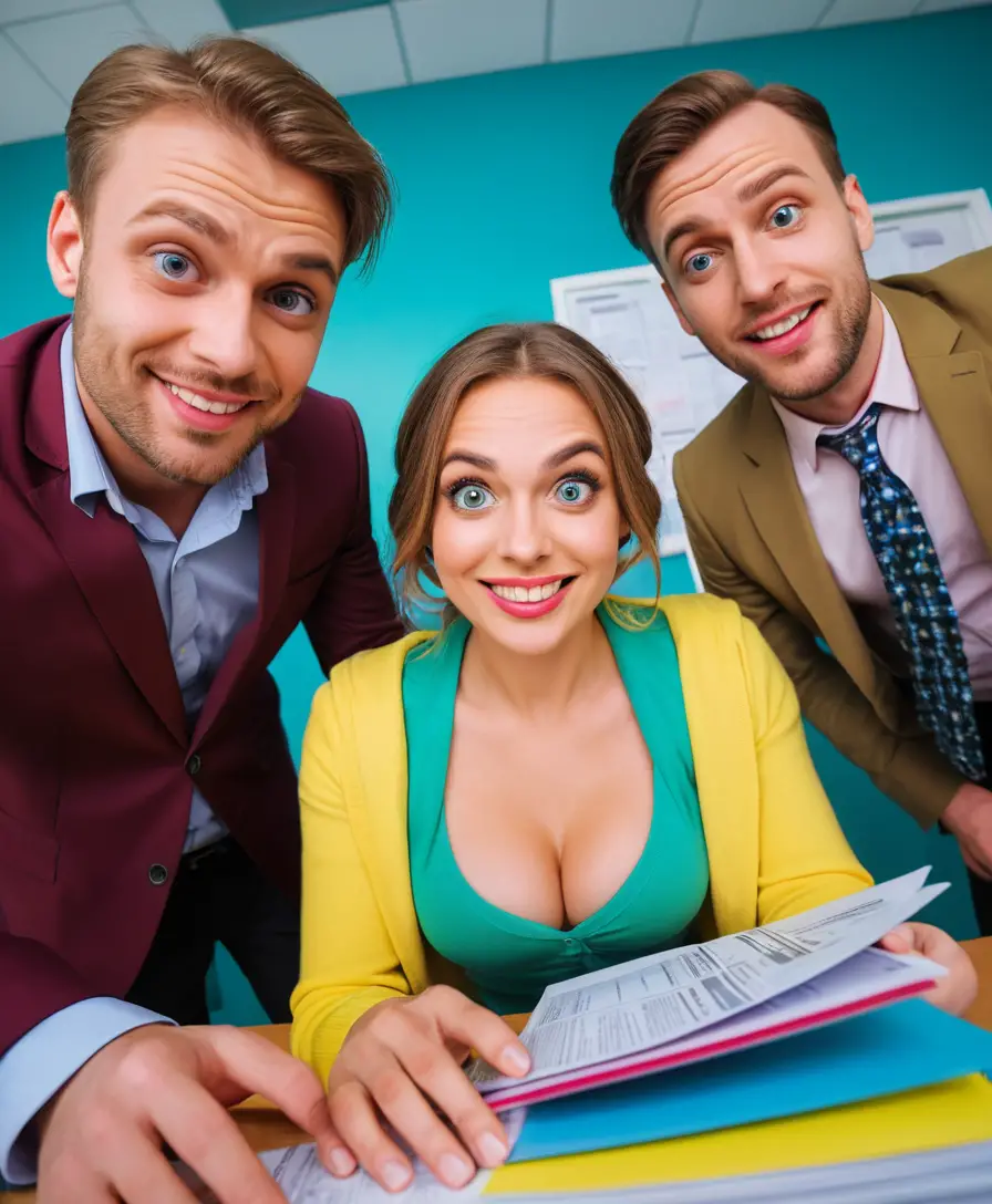 Fisheye close up of smiling woman in colorful office scene