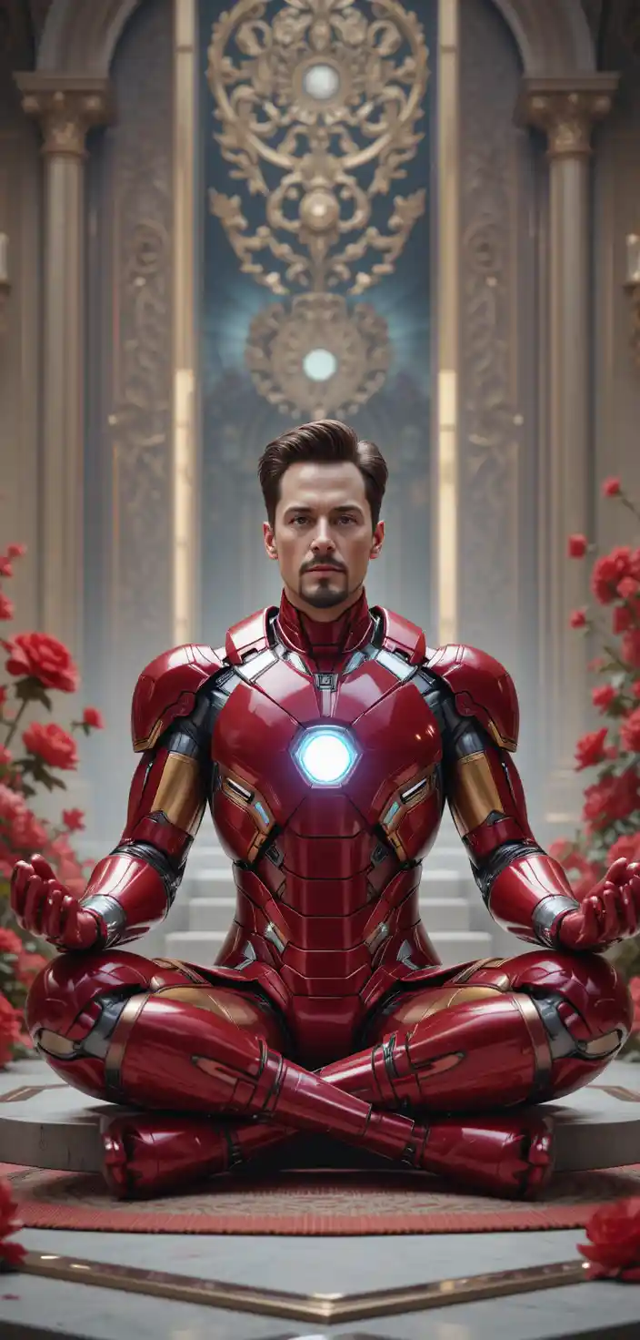 Armored superhero meditating in a detailed floral background