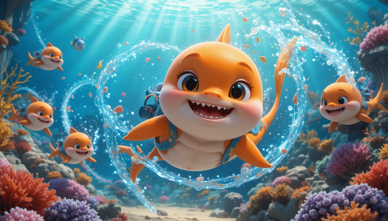 Niedriger Babyhai rast durch eine leuchtende Unterwasserwelt
