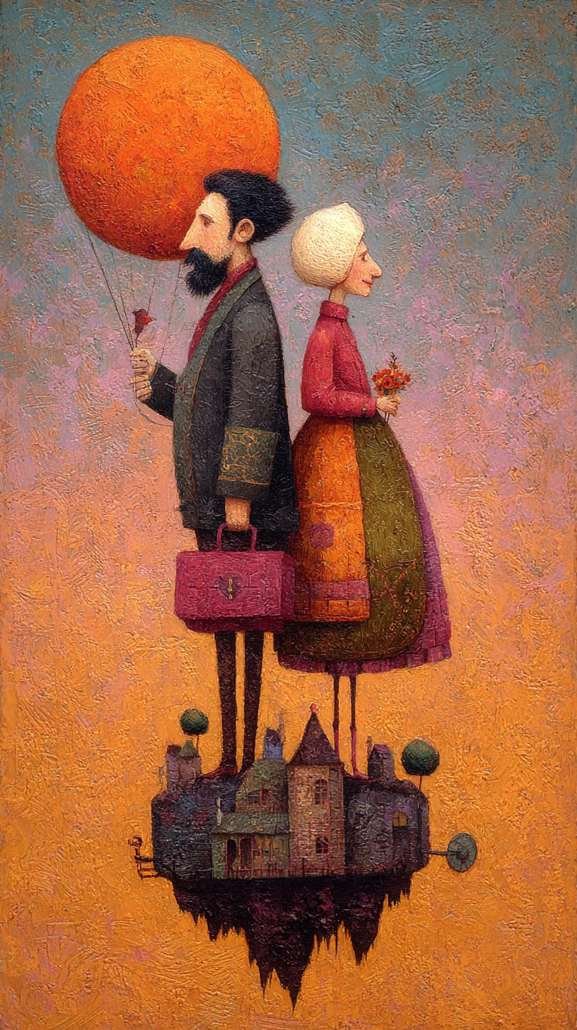 Surreal painting of an unlikely couple in warm sunlight
