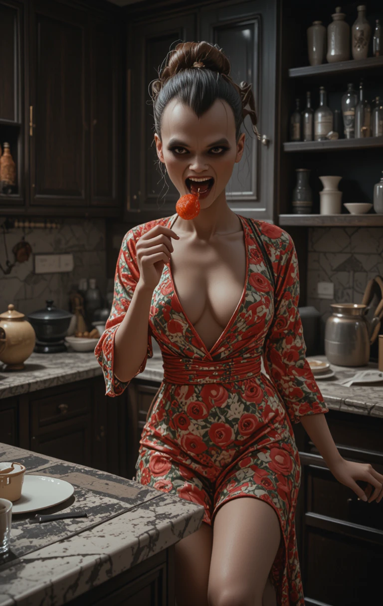 Brunette woman in red floral dress relaxing in kitchen