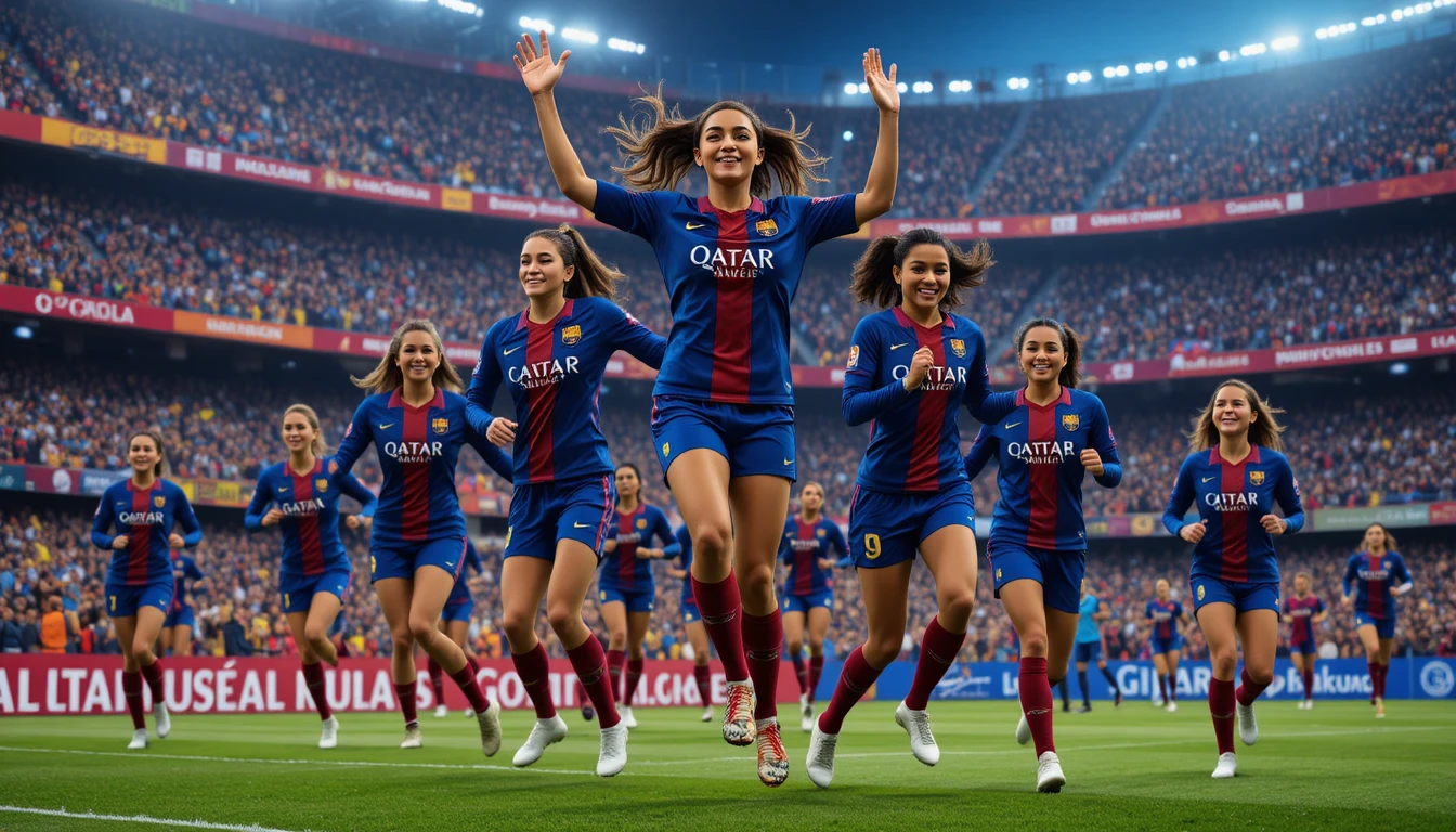 Female soccer players celebrating victory on sunny stadium field