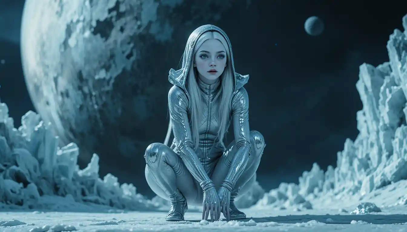 Pale female alien in silver suit on icy dark planet