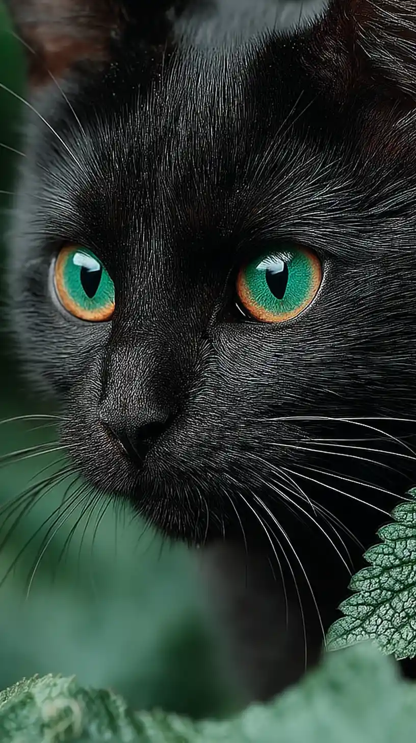 Black cat staring from deep green forest undergrowth