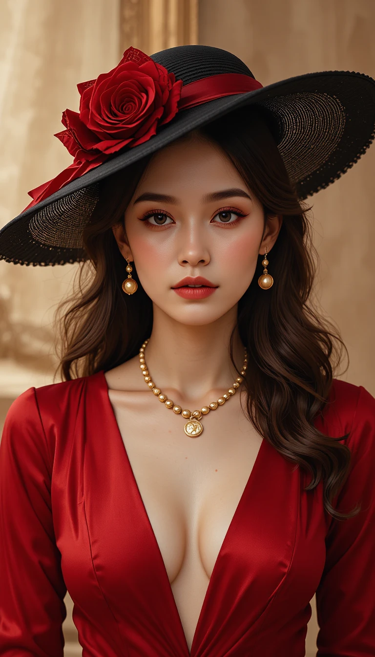 Elegant woman in red satin dress with black hat portrait