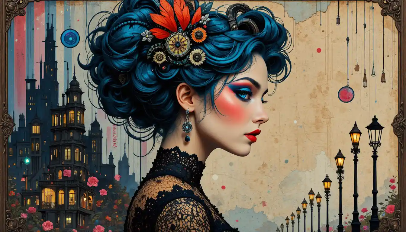 Steampunk woman with teal hair in ornate mechanical lace portrait