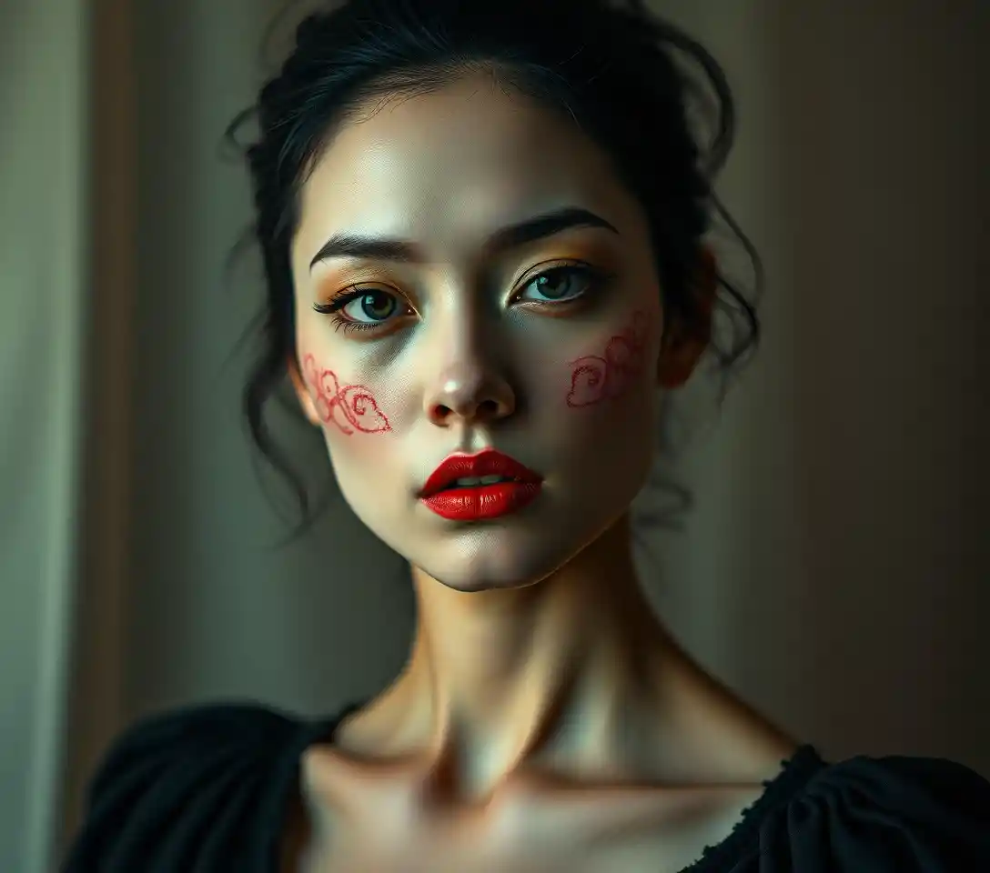 Surreal dark angel woman in a tense sensual close up