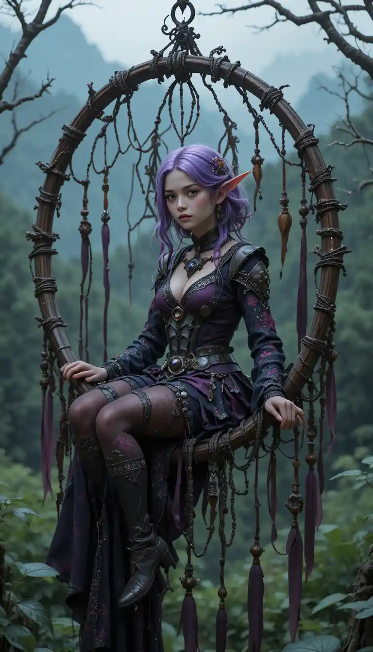 Purple haired elf girl lounging on ornate dreamcatcher