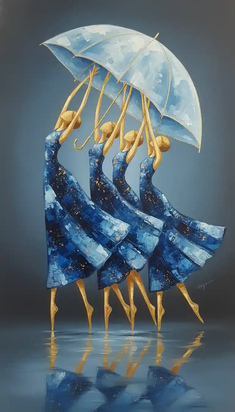 Abstract figures beneath a large translucent blue umbrella
