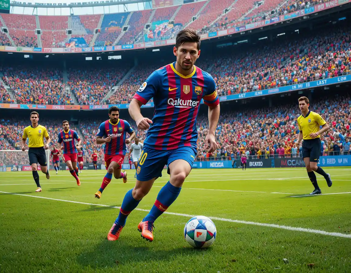 Soccer player in blue jersey dribbling on green field
