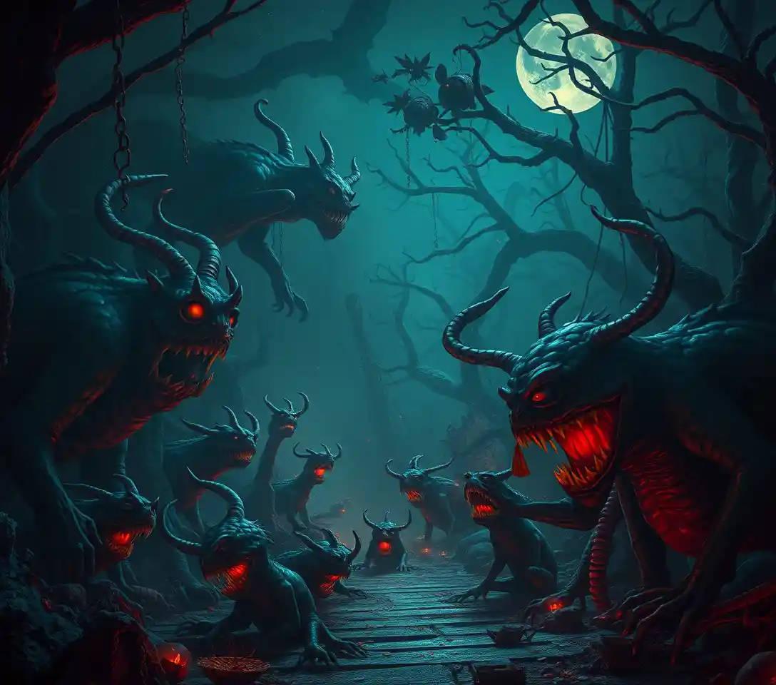 Surreal night scene with whimsical creatures and eerie shadows