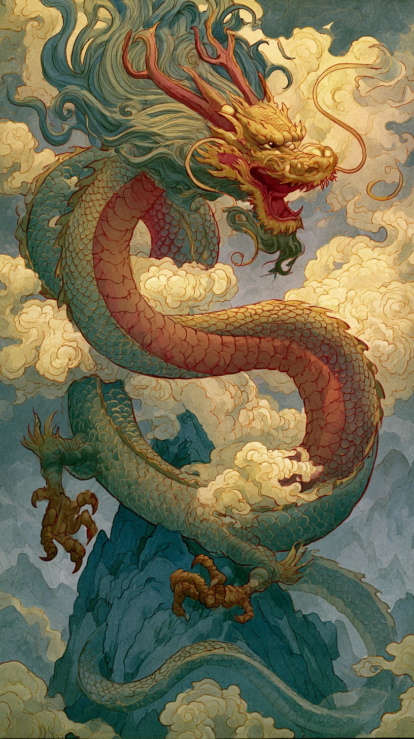 霧の山頂を巡る古代中国の龍