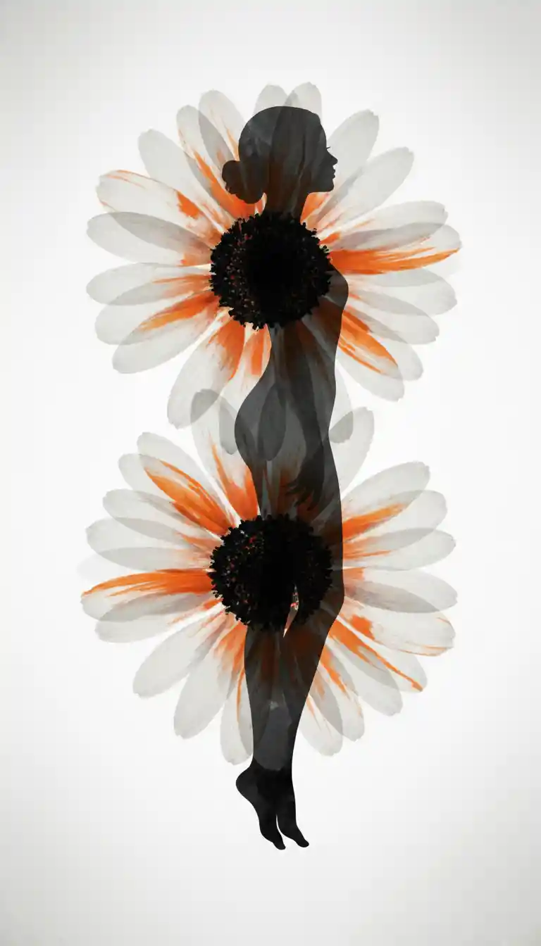 Surreal woman silhouette merging with mirrored orange daisies