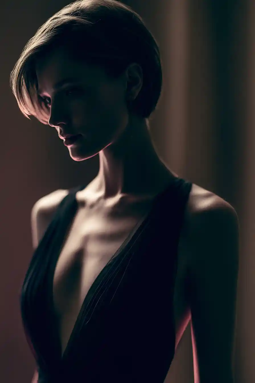 Elegant woman in v neck evening gown portrait lighting