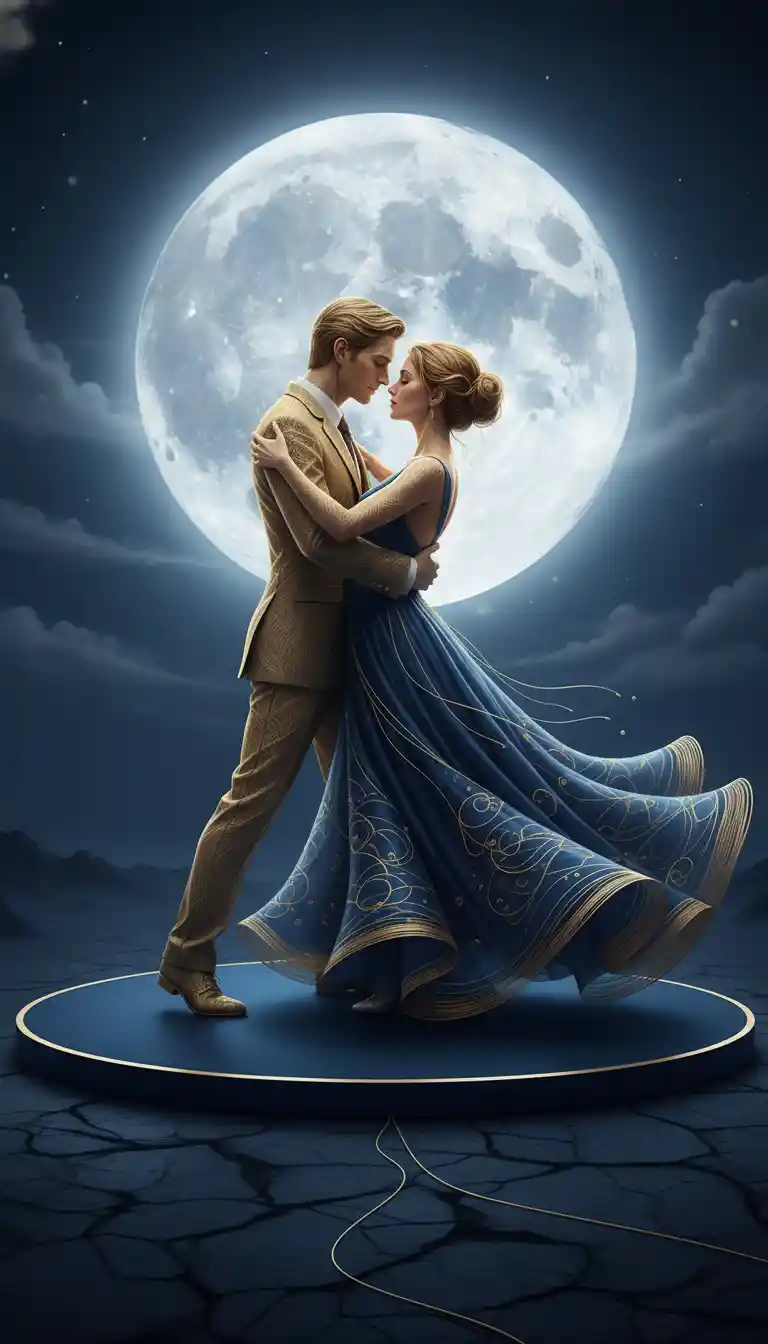 Golden wire couple dancing under a luminous full moon