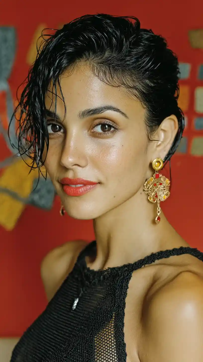 Confident beauty portrait with slicked hair and bold lip