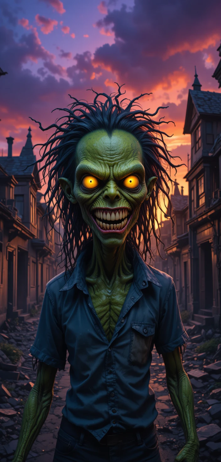 Creepy Green Monster Stalking A Ruined Town At Sunset