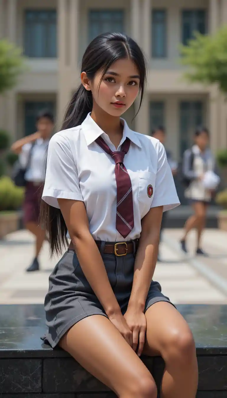 Bengali schoolgirl sitting on campus marble ledge