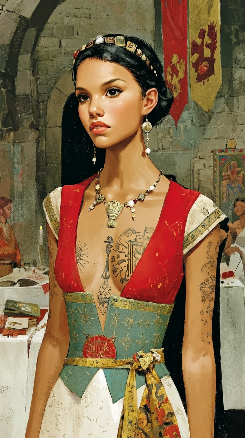 Medieval noblewoman with ornate chest tattoo in grand hall