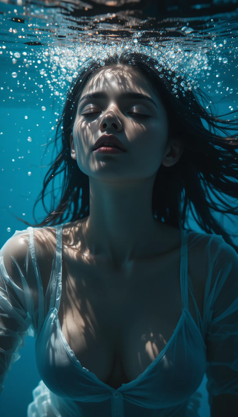 Underwater Portrait Of Indian Woman In Sunlit Blue Water