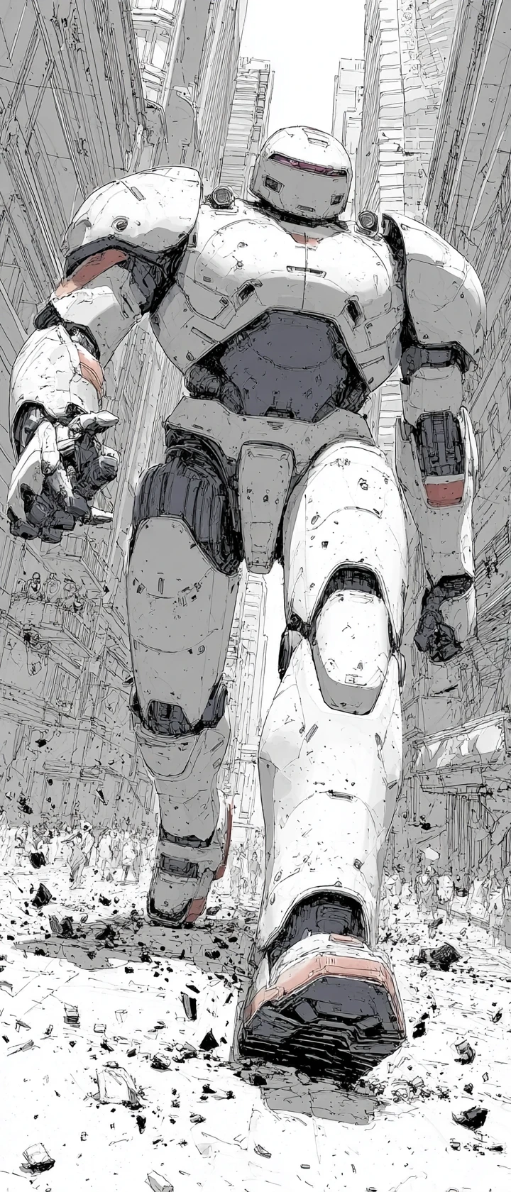 Colossal Anime Mecha Striding Through Futuristic City Ruins