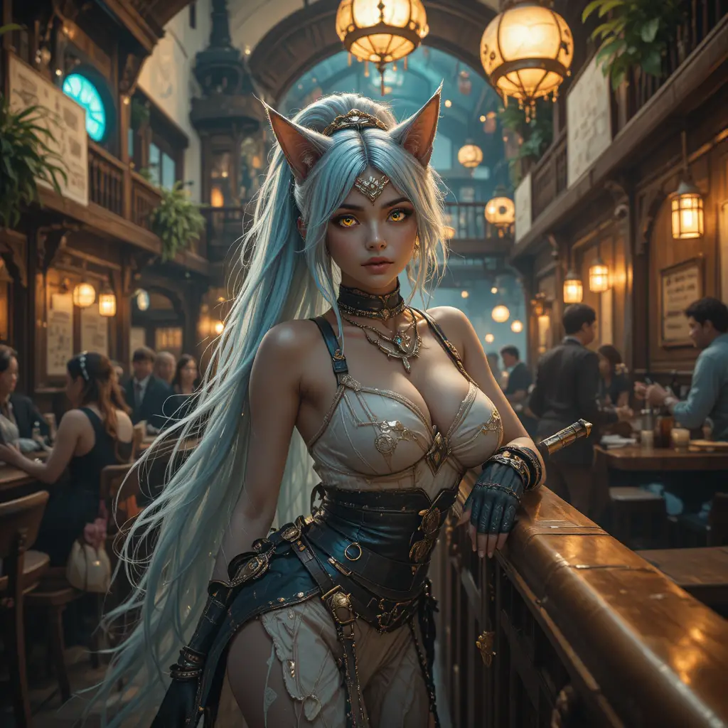 Catgirl warrior in a steampunk tavern with neon lights