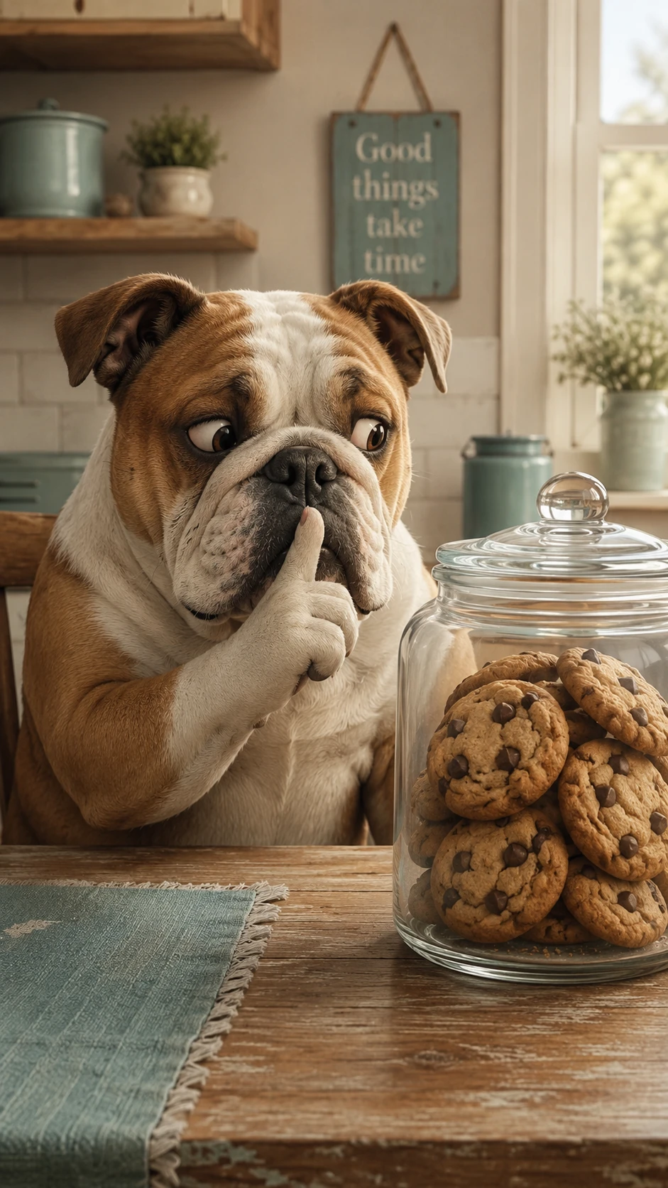 Bulldog At Kitchen Table Eyeing A Cookie Jar Of Treats