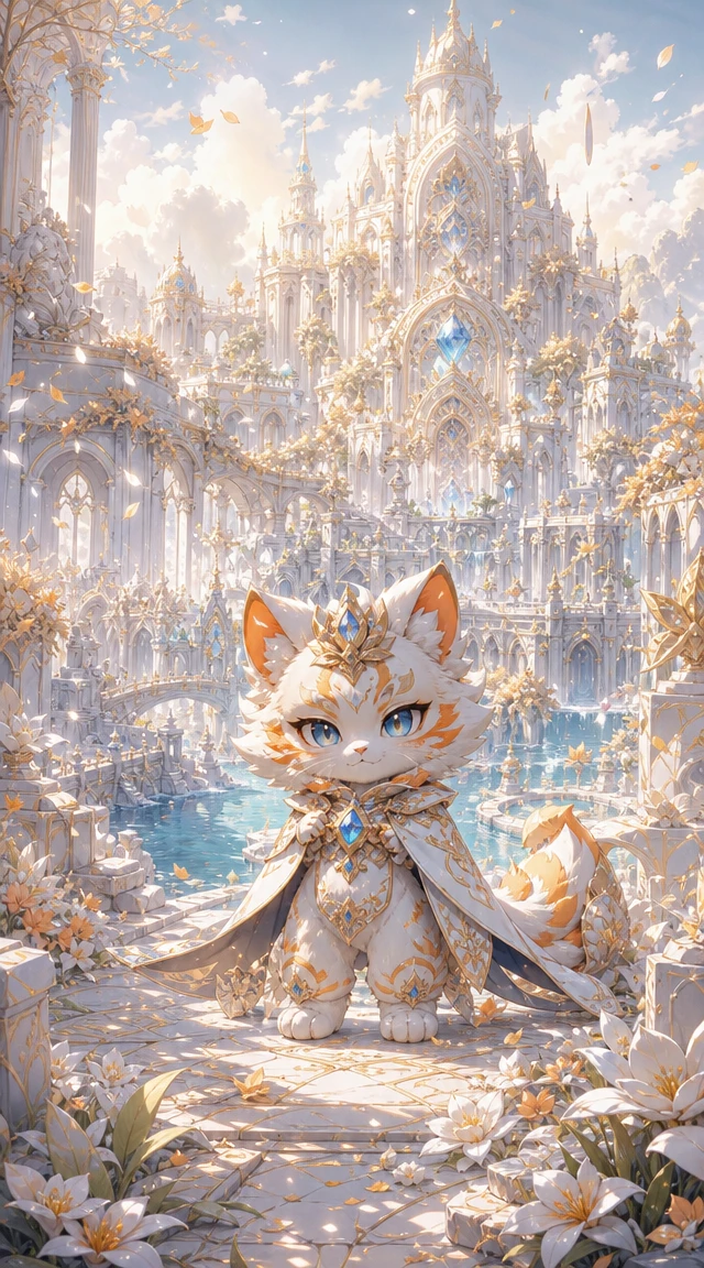 白色宮殿花園中的擬人化奇幻貓
