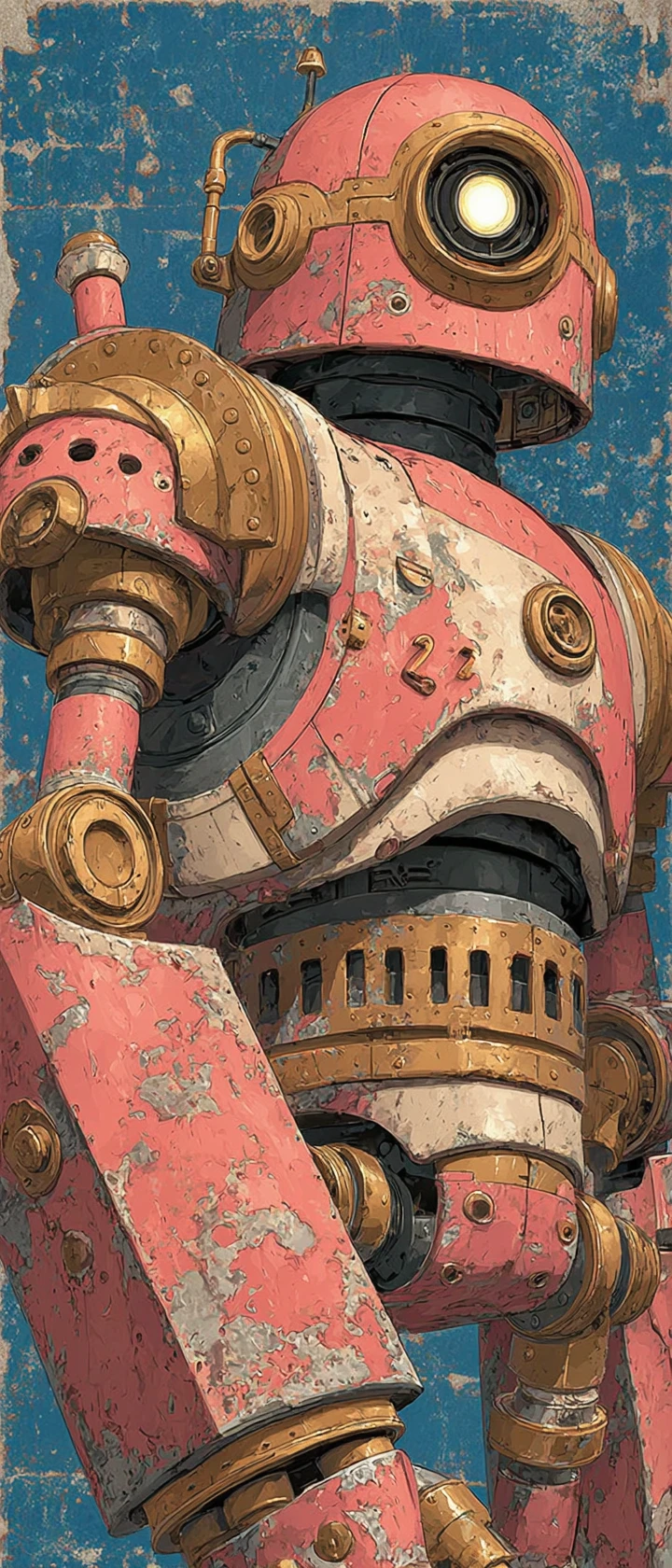 Retrato de mecha steampunk imponente en placa de estaño envejecida