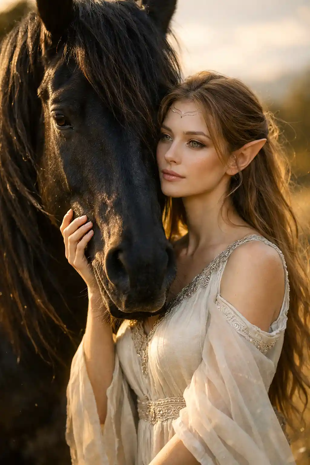 Elf woman gently holding a horse in tranquil union