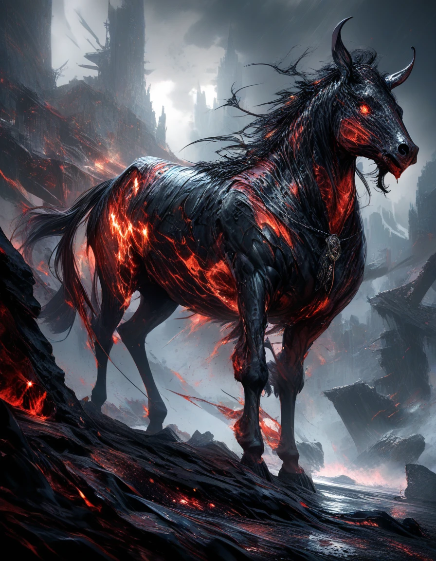 Rotting undead centaur looming in shattered ancient ruins