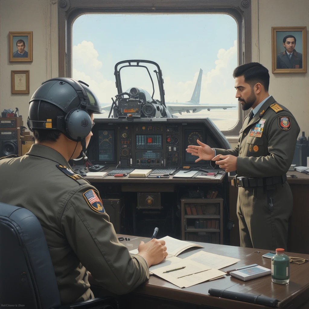 Iranian air commander briefing pilot in a control room