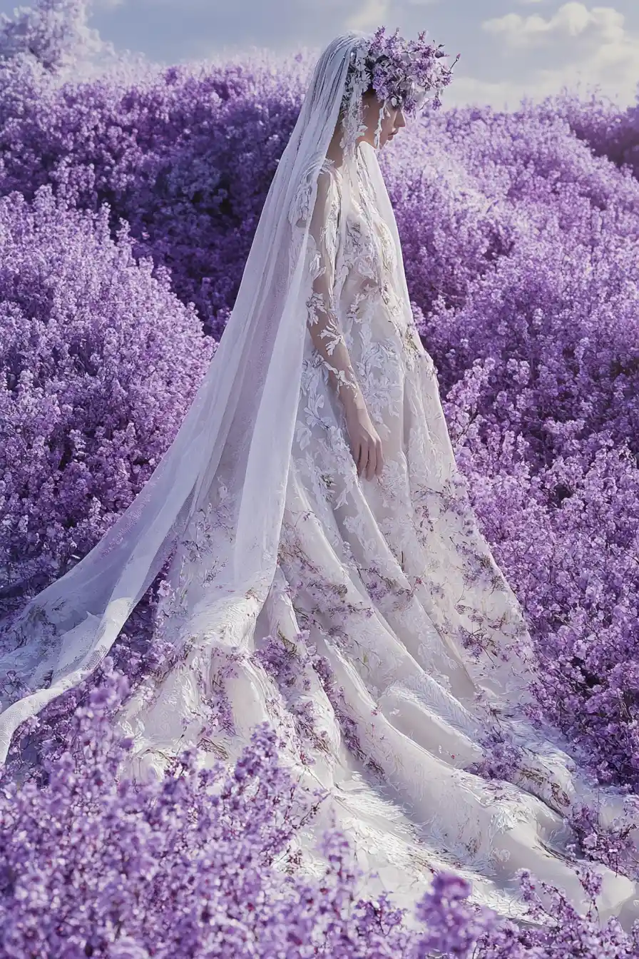 Surreal floral couture woman in lilac blossoms at sunset