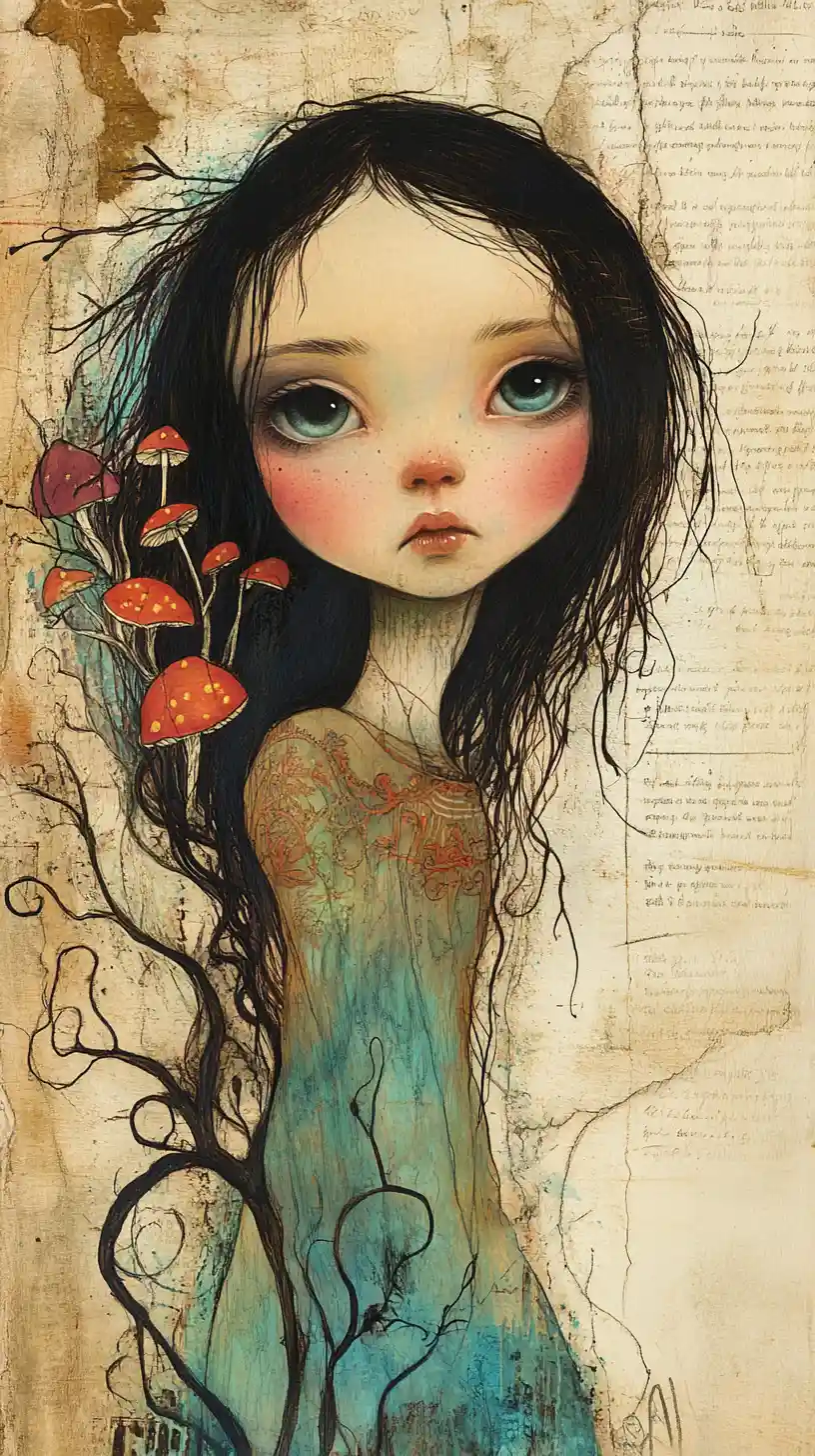 Melancholic girl holding glowing fungi branch in fantasy illustration