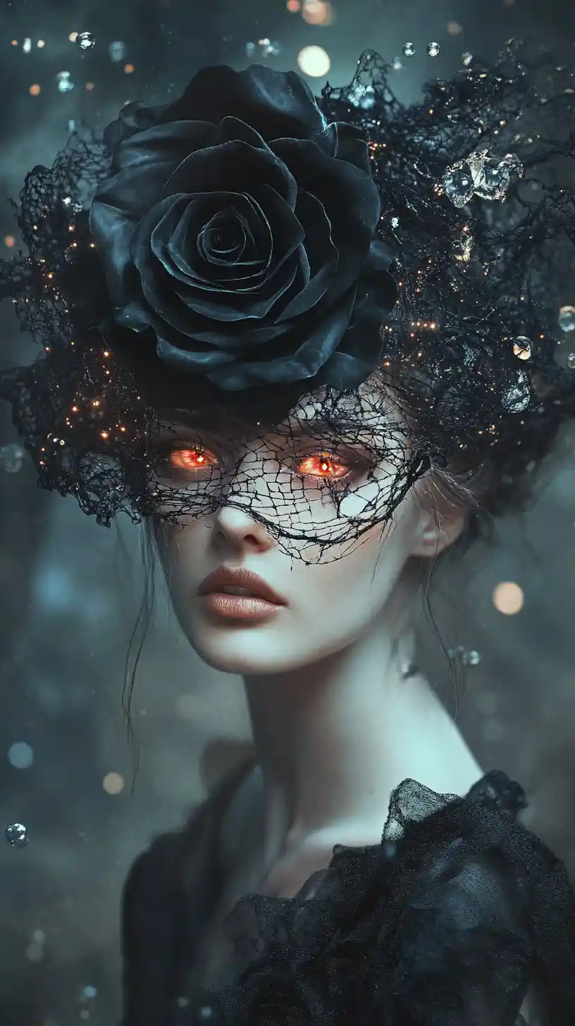 Surreal woman with black rose mask in misty forest