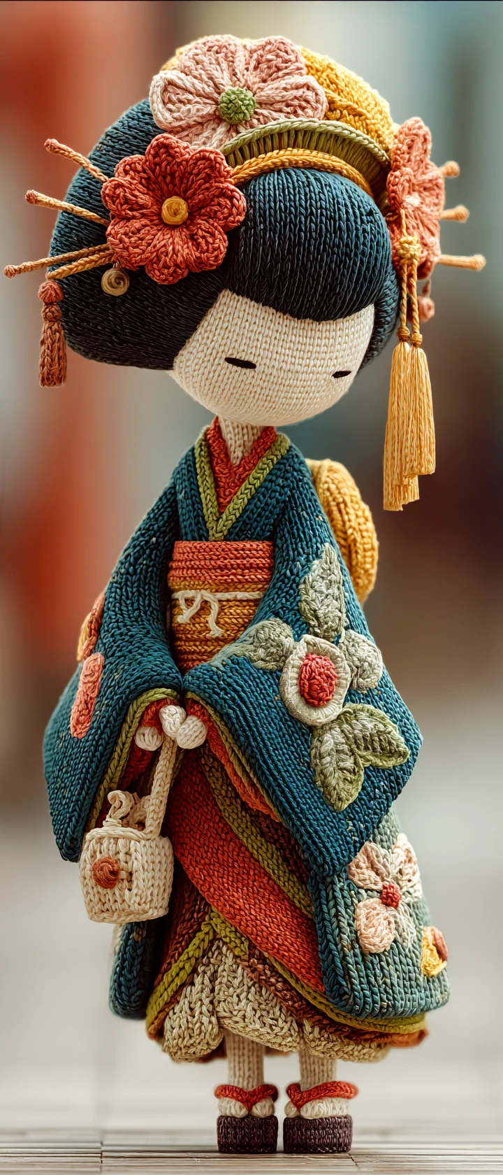 Retrato editorial de una geisha de anime amigurumi en un jardín