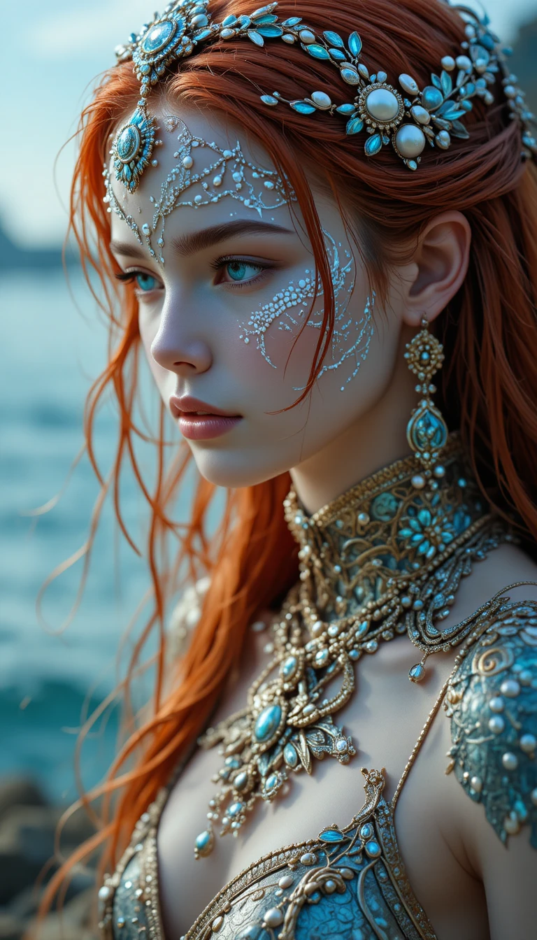 Mystical red haired woman adorned with seashell jewelry