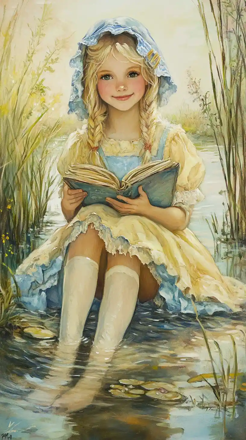 Smiling blonde girl by the water in a yellow dress