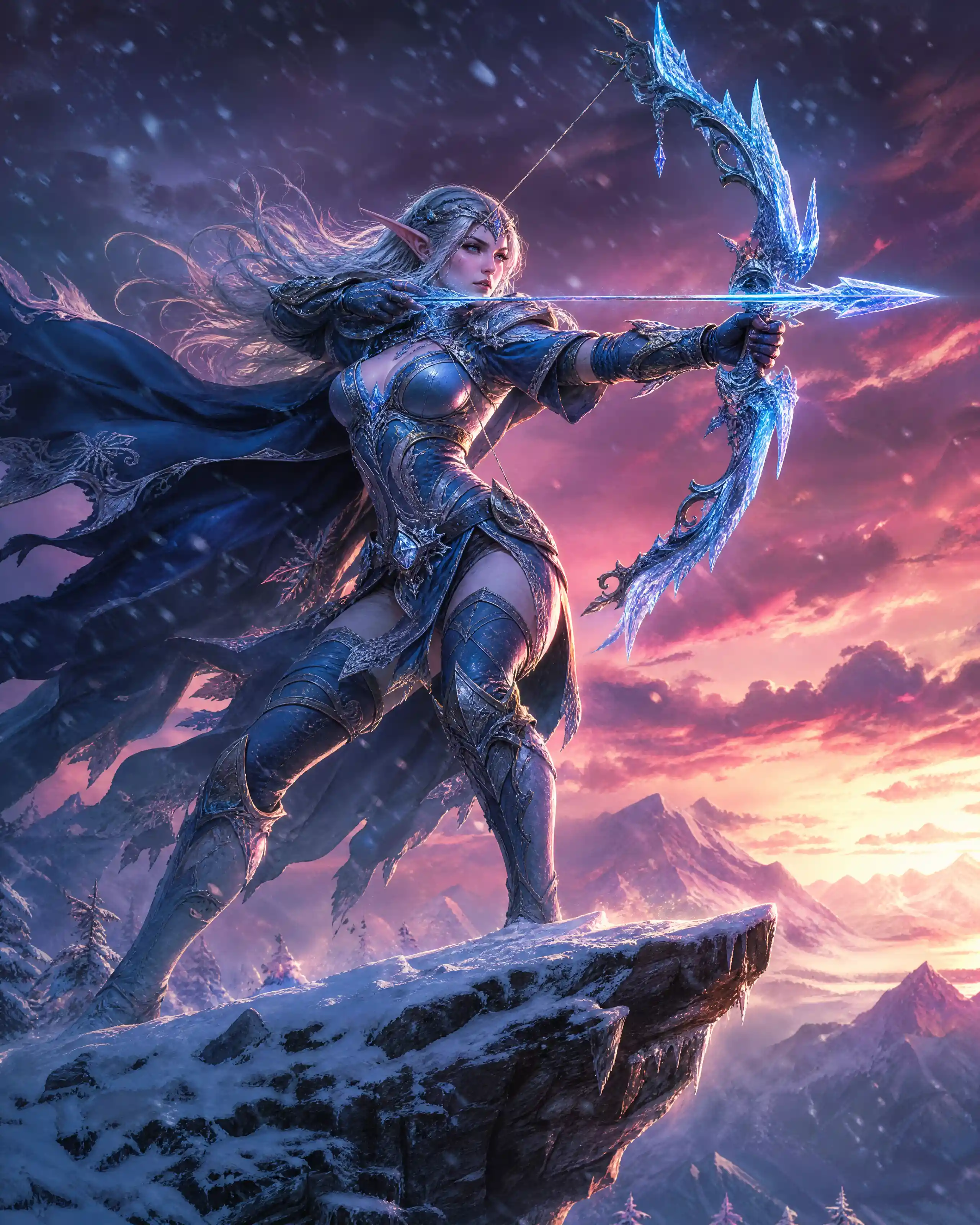 Winter elf archer aiming from a snowy cliff