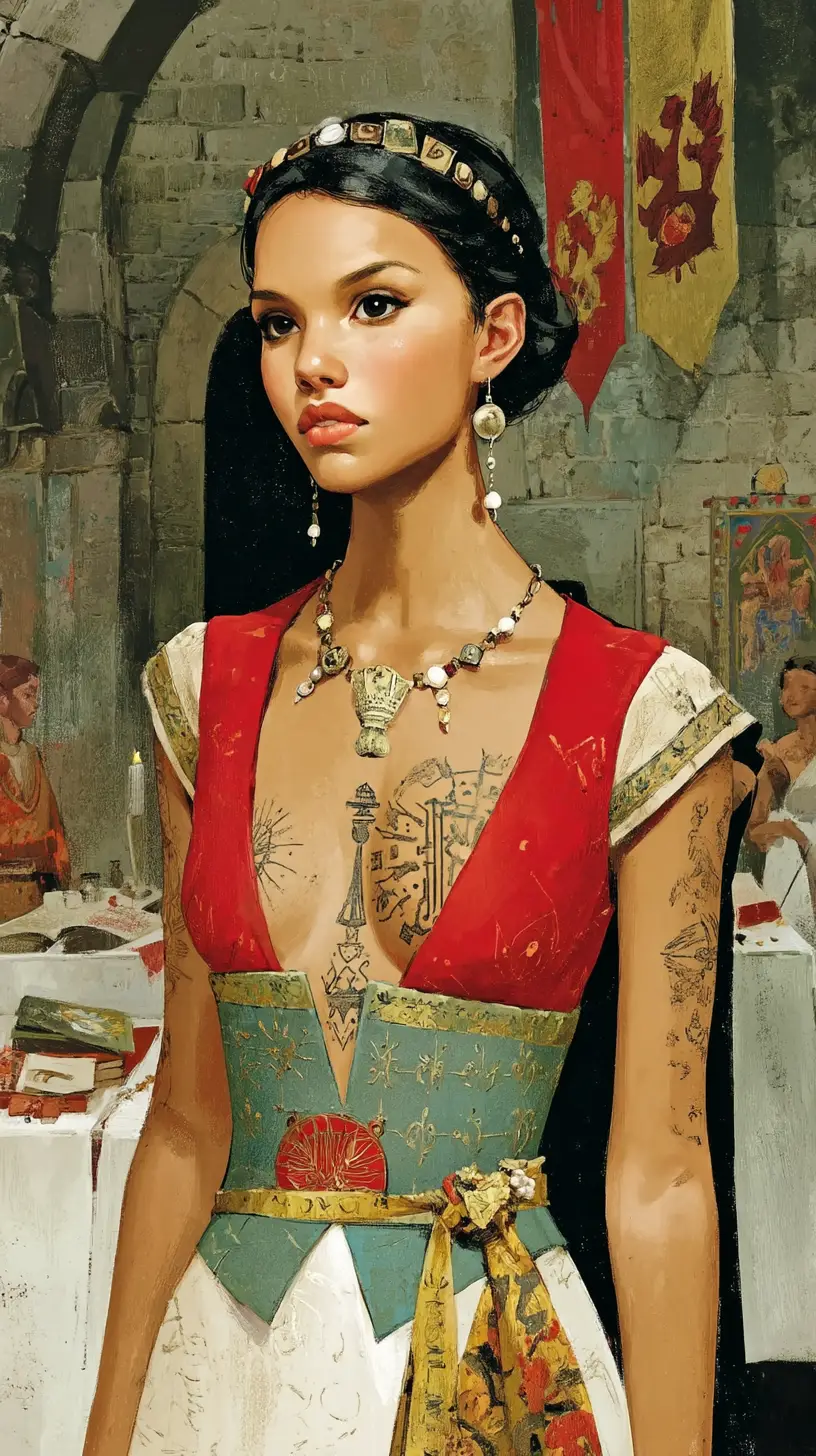 Medieval noblewoman with ornate chest tattoo in grand hall