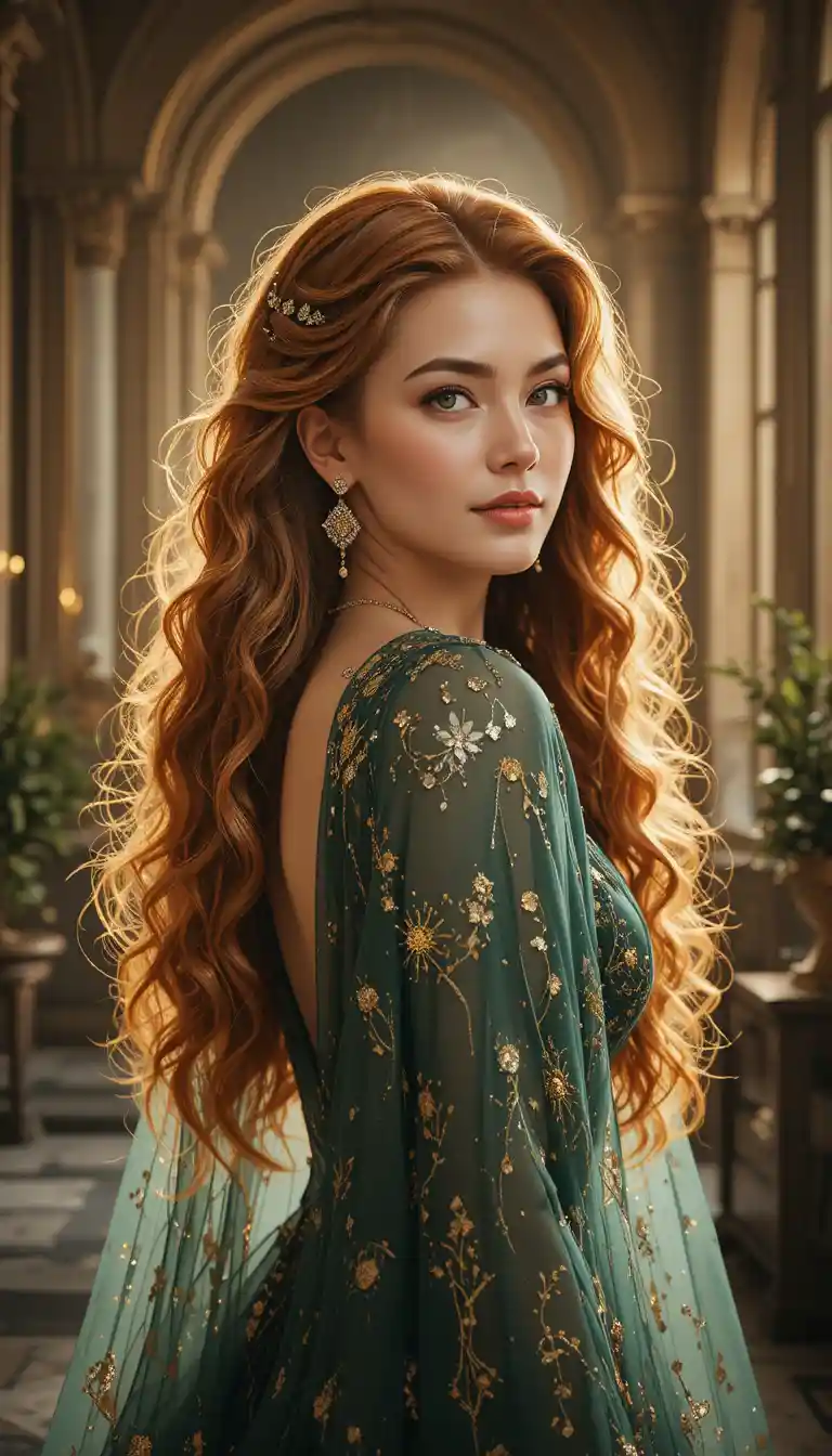 Sensual red blonde woman in luxurious golden hour interior