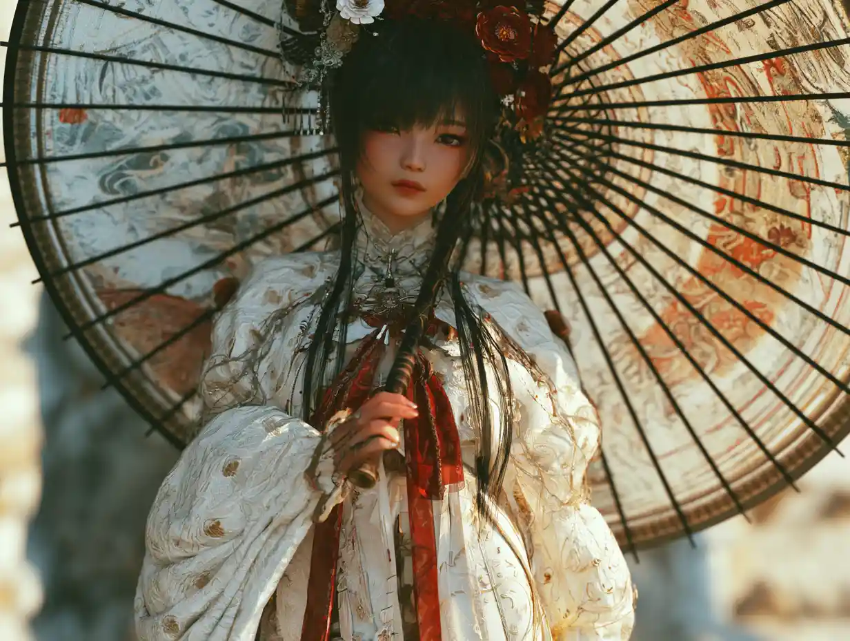 Elegant woman in white with oriental fantasy umbrella