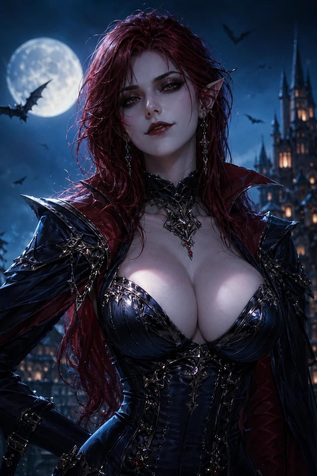 Confident vampire woman before a distant castle at dusk